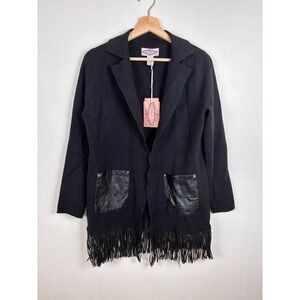 Oliver Black Vegan Leather‎ Fringe Open Cardigan Jacket Studded Pockets Small